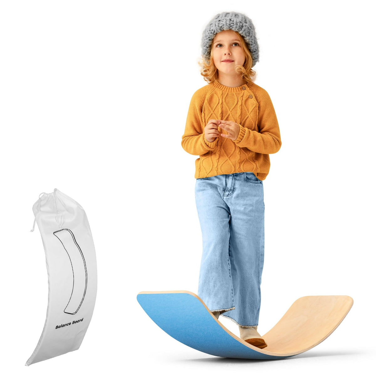32” Wooden Swing Balance Board, Wooden Children's Toys Adult Balance Board with Felt Base and Carrying Bag Rainbow